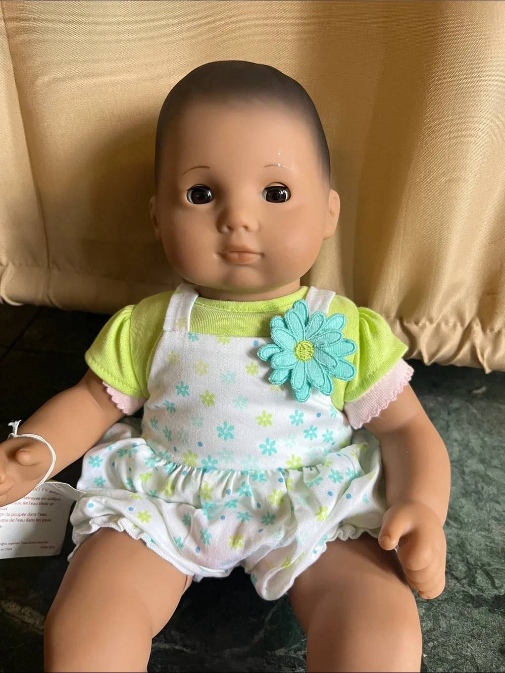 American Girl Soft Baby Doll in Lime Green Outfit with Blue Flower